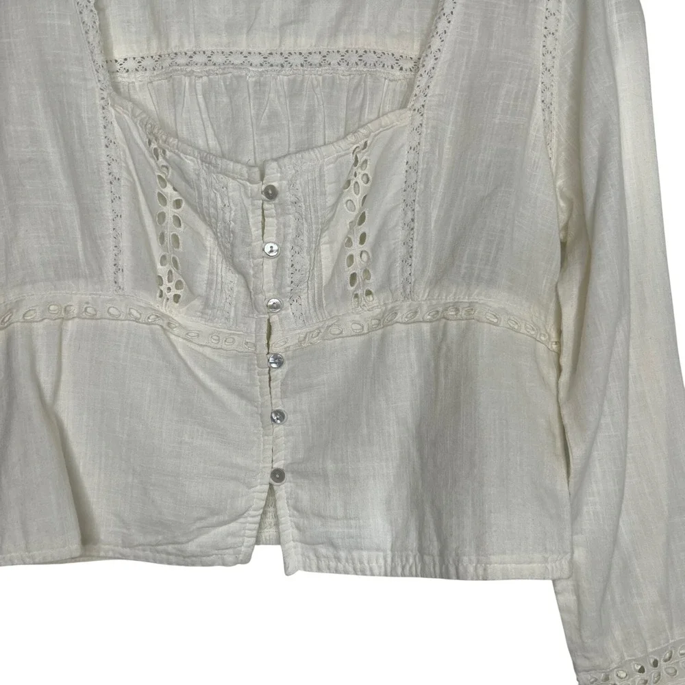 Free People Cotton Cropped Eyelet Joi Blouse SZ M Milkmaid‎ Cottagecore Dainty